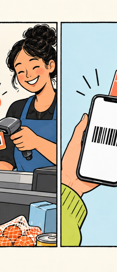 A shopper choosing a loyalty card from a full wallet at the grocery store.