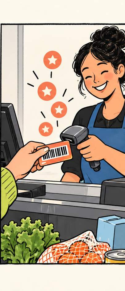 A cashier scans a loyalty-card barcode while reward stars float above the checkout.