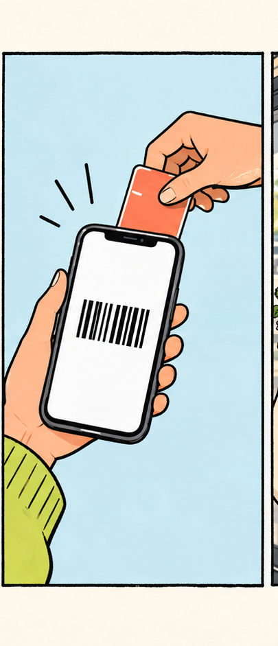 A physical loyalty card is replaced by a phone displaying its barcode.