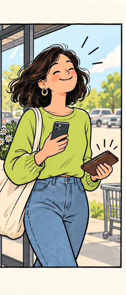 A shopper leaves the store carrying her phone and a much lighter wallet.