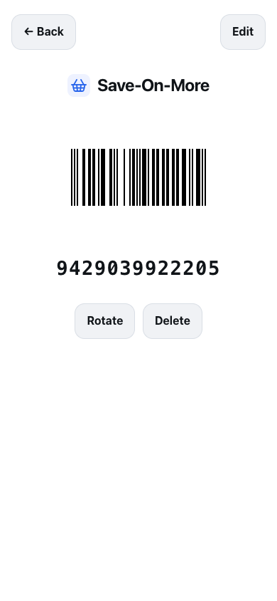 Save Barcode displaying a Save-On-More barcode and its number